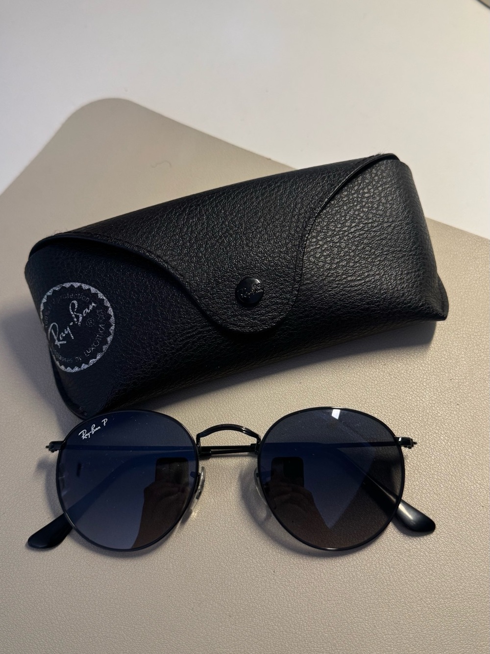 Ray-Ban Round Metal Sunglasses in Black with Blue Gradient Lenses